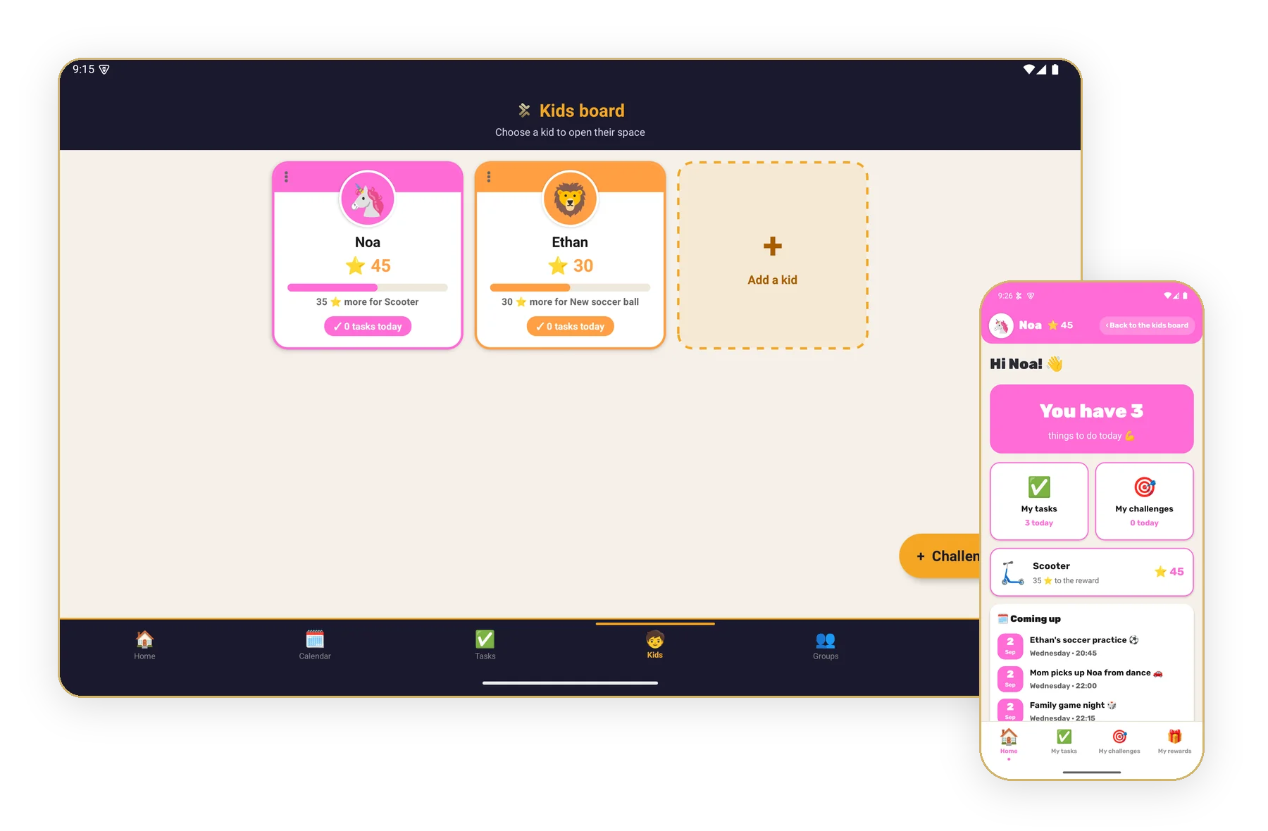 The CalendBoard kids' space: stars, tasks and rewards