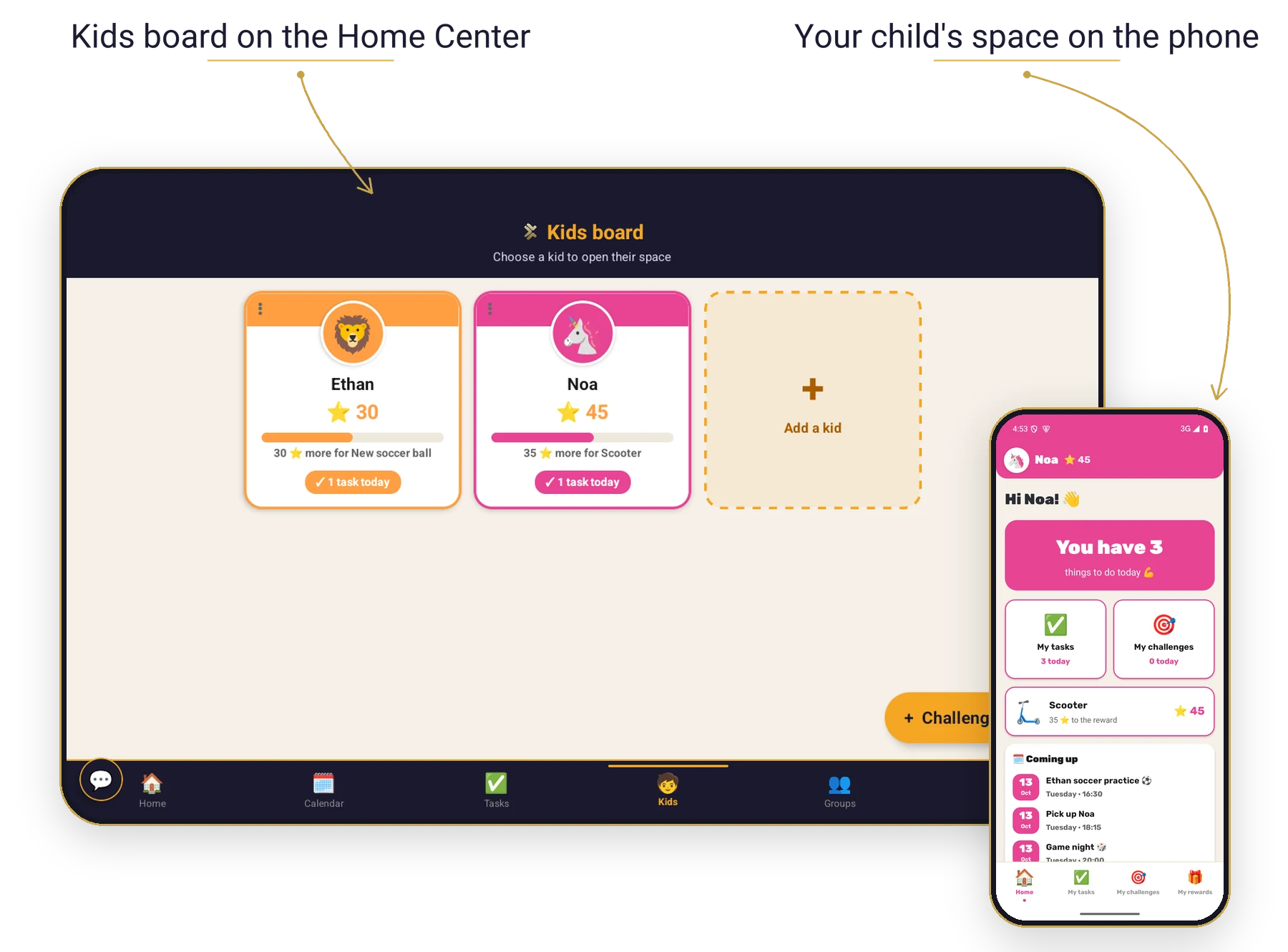The kids board on the Home Center and your child's space on the phone: stars, tasks and rewards